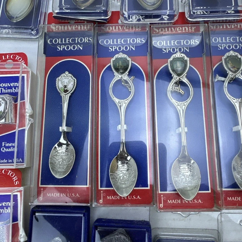 Lot of 37 Souvenir Spoons & Thimbles Michigan Silver Plated Collectors MicroView